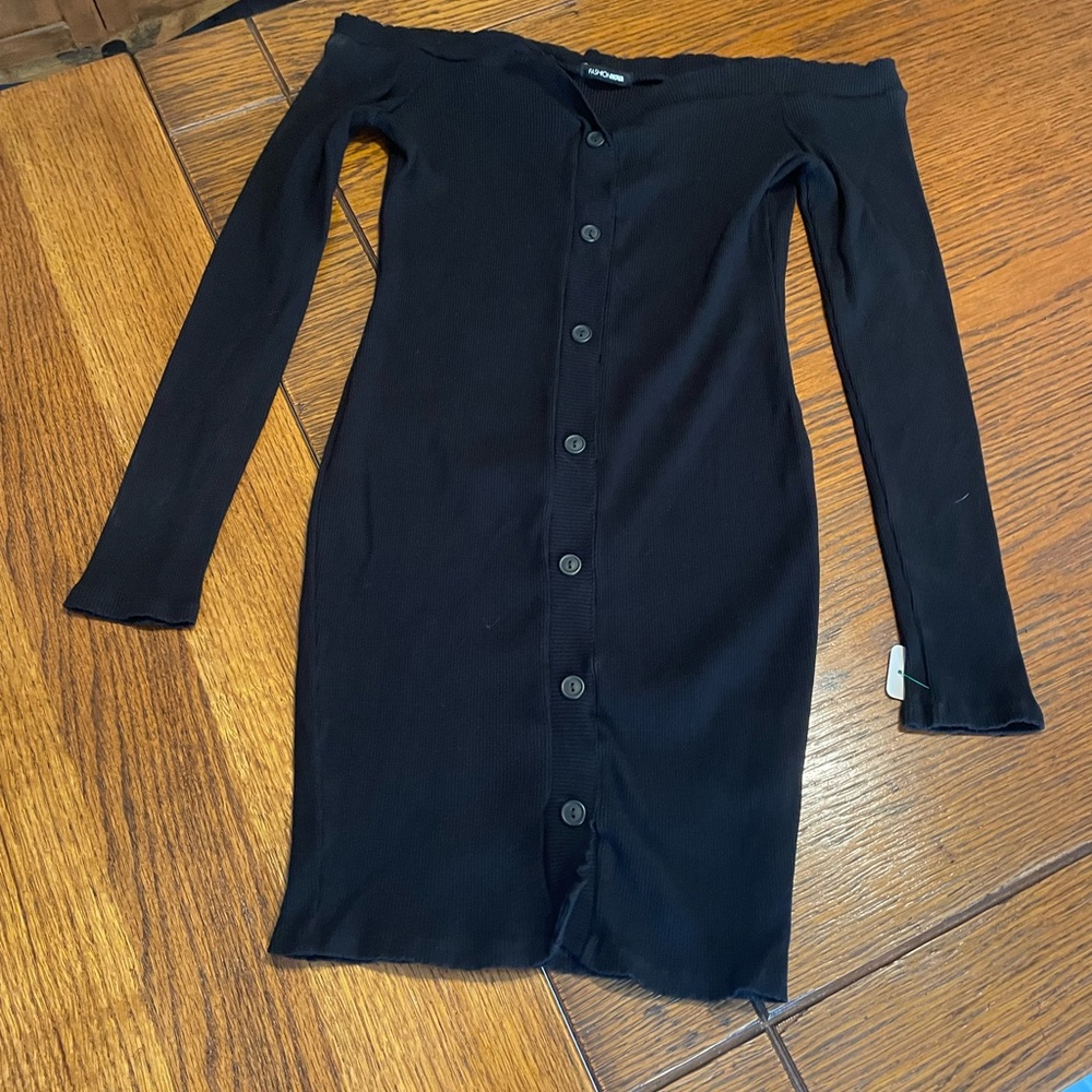 Fashion Nova Black Off-Shoulder Button-Front Ribbed Long Sleeve Dress